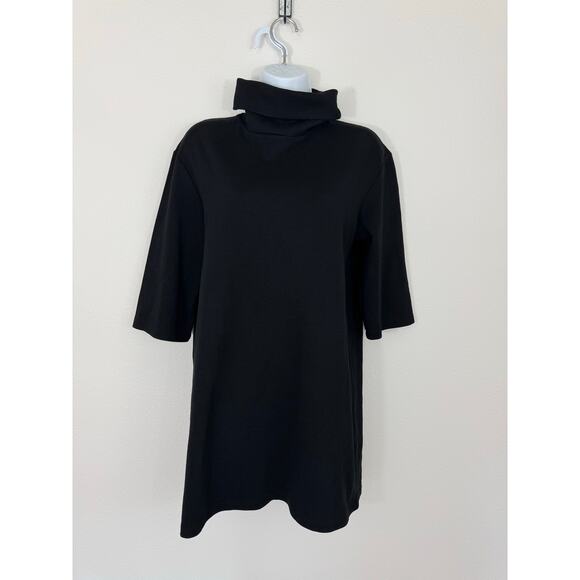 Zara Black Mock Neck Shift Dress Size Small 3/4 Sleeve Cotton Blend Minimalist - Picture 1 of 4